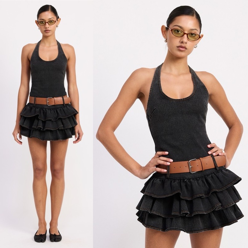 Rodeo Queen Belted Ruffled Dark Denim Mini Dress - Picture 1 of 5